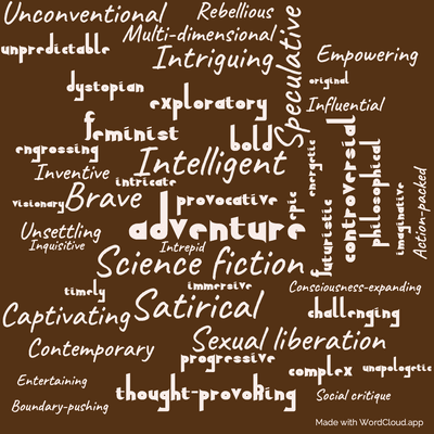 Word cloud of the book Friday with 47 words like Adventure, Science fiction and Intelligent.