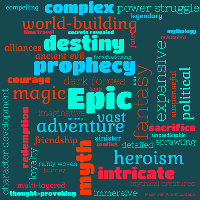 Word cloud of the book The Shadow Rising with 48 words like Epic, fantasy and adventure.