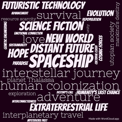 Word cloud of the book The Songs of Distant Earth with 32 words like spaceship, distant future and interstellar journey.