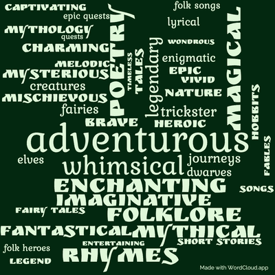 Word cloud of the book The Adventures of Tom Bombadil by J.R.R. Tolkien with 44 words like adventurous, poetry and whimsical.