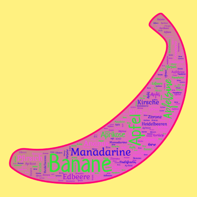 Word cloud in a Banana shape with 12 words like Banane, Apfel and Manadarine.