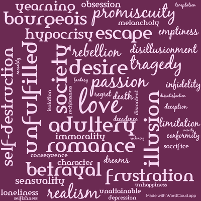 Word cloud of the book Madame Bovary by Gustave Flaubert with 50 words like love, passion and adultery.
