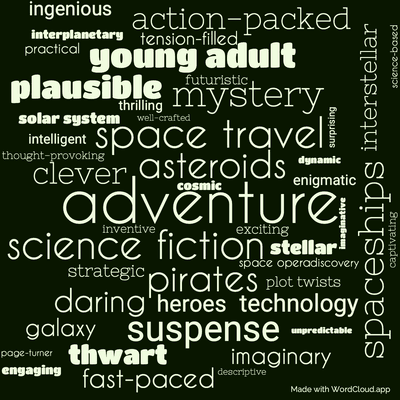 Word cloud of the book Lucky Starr and the Pirates of the Asteroids by Isaac Asimov with 48 words like adventure, science fiction and space travel.