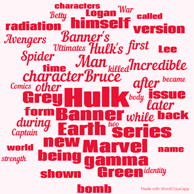 Word cloud with 50 words like Hulk, Banner and Bruce.