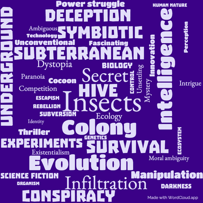Word cloud of the book Hellstrom's Hive by Frank Herbert with 45 words like Insects, Hive and Colony.