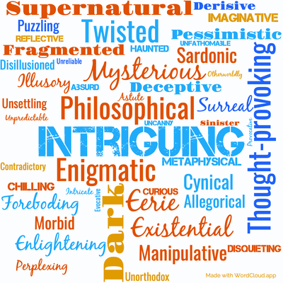 Word cloud of the book The mysterious stranger with 47 words like Intriguing, Enigmatic and Philosophical.