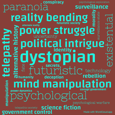 Word cloud of the book Solar Lottery with 33 words like dystopian, futuristic and political intrigue.