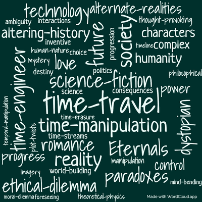 Word cloud of the book The End of Eternity with 47 words like time-travel, science-fiction and time-manipulation.