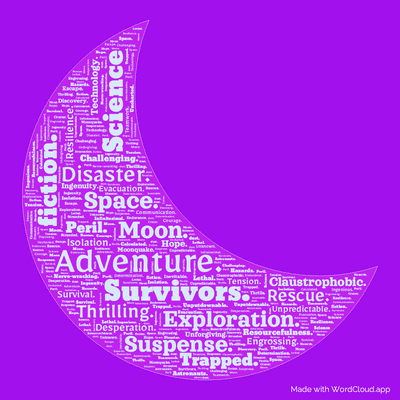 Word cloud of the book A Fall of Moondust with 52 words like Adventure., Moon. and Space..