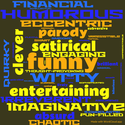 Word cloud of the book Making Money by Terry Pratchett with 46 words like funny, satirical and witty.