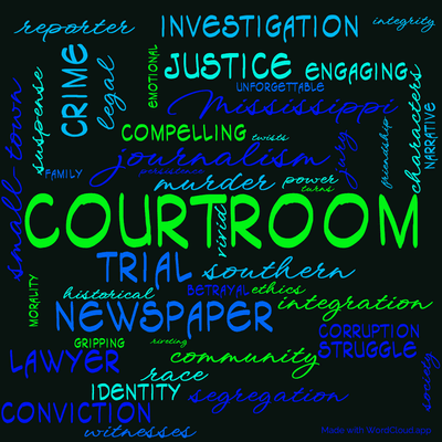 Word cloud of the book The Last Juror with 46 words like courtroom, journalism and small-town.
