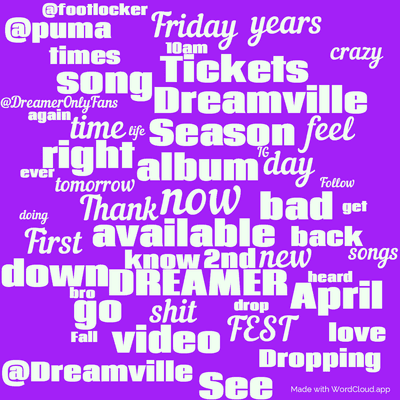 Word cloud with 50 words like now, album and available.
