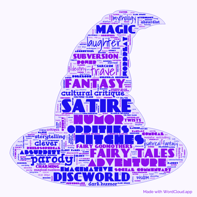 Word cloud of the book Witches Abroad by Terry Pratchett with 47 words like satire, fantasy and humor.