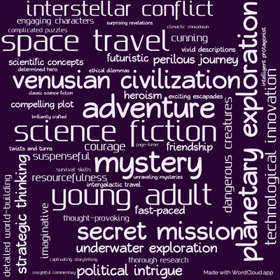 Word cloud of the book Lucky Starr and the Oceans of Venus by Isaac Asimov with 47 words like science fiction, mystery and adventure.