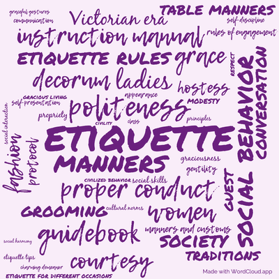 Word cloud of the book The Ladies' Book of Etiquette, and Manual of Politeness by Florence Hartley with 47 words like etiquette, politeness and manners.