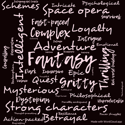 Word cloud of the book Against a Dark Background with 47 words like Fantasy , Adventure and Gritty .