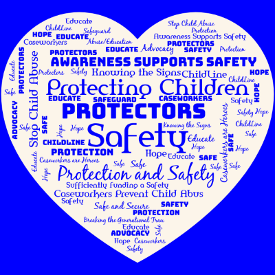 Word cloud in a Cards Hearts shape with 26 words like Safety, Protectors and Protecting Children.