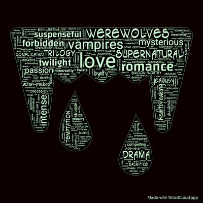 Word cloud of the book Eclipse by Stephenie Meyer with 46 words like love, romance and vampires.