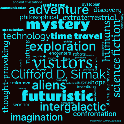 Word cloud of the book The Visitors with 49 words like visitors, Clifford D. Simak and science fiction .