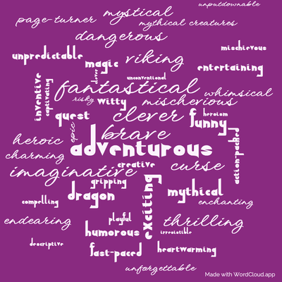 Word cloud of the book How to Cheat a Dragon's Curse with 47 words like adventurous , brave and clever .