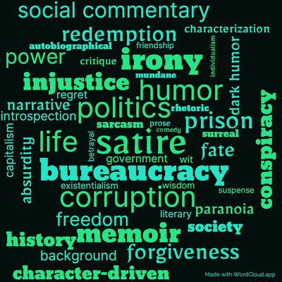 Word cloud of the book Jailbird with 46 words like satire, bureaucracy and politics.