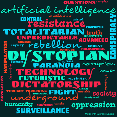 Word cloud of the book Vulcan's Hammer by Philip K. Dick with 48 words like dystopian, technology and rebellion.