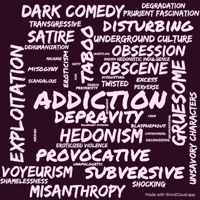 Word cloud of the book Snuff with 48 words like addiction, depravity and taboo.