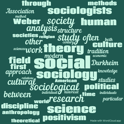 Word cloud with 50 words like social, sociology and theory.