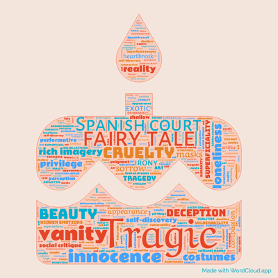 Word cloud of the book The Birthday of the Infanta by Oscar Wilde with 46 words like Tragic, fairy tale and Spanish court.