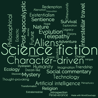 Word cloud of the book All Flesh Is Grass with 47 words like Science fiction, Aliens and Character-driven.