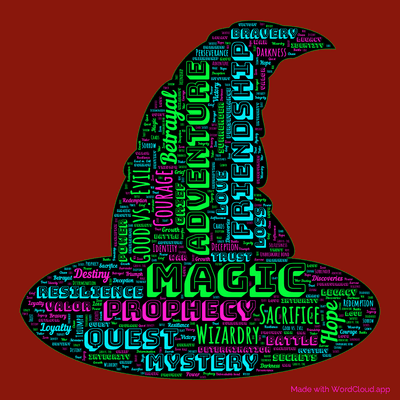 Word cloud of the book Harry Potter and the Deathly Hallows with 42 words like Magic, Adventure and Friendship.