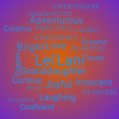 Word cloud with 23 words like Lei'Lani, Granddaughter and Love.