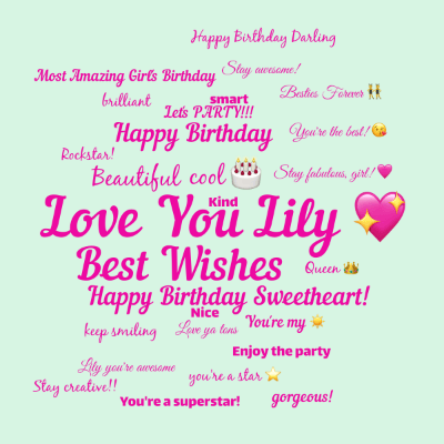 Collaborative word cloud with 29 words like Love You Lily 💖, Best Wishes and 🎂.