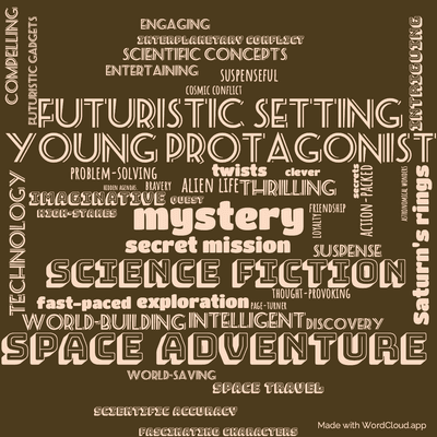 Word cloud of the book Lucky Starr and the Rings of Saturn by Isaac Asimov with 44 words like Space adventure, mystery and young protagonist.