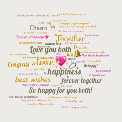 Collaborative word cloud with 59 words like 💖, love and happiness.