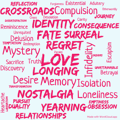 Word cloud of the book South of the Border, West of the Sun with 48 words like Love, Longing and Regret.