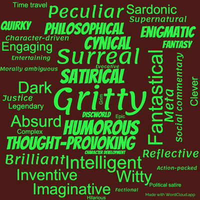 Word cloud of the book Night Watch by Terry Pratchett with 42 words like Gritty, Humorous and Satirical.