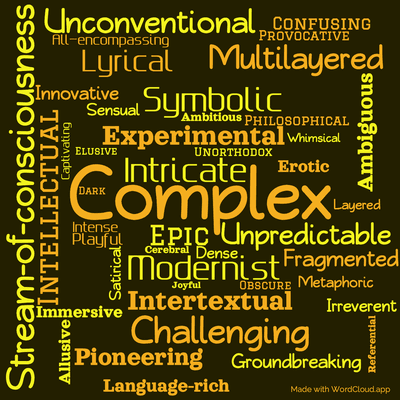 Word cloud of the book Ulysses with 45 words like Complex, Stream-of-consciousness and Experimental.