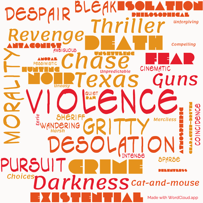 Word cloud of the book No Country For Old Men by Cormac McCarthy with 46 words like Violence, Gritty and Texas.