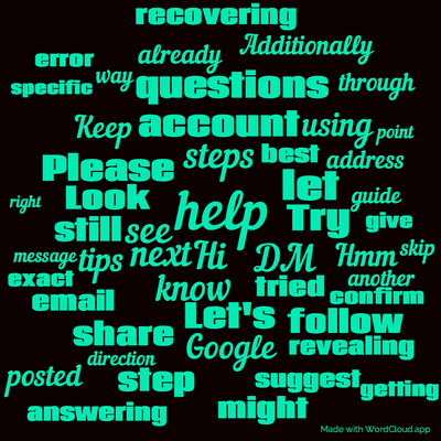 Word cloud with 50 words like help, Hi and steps.