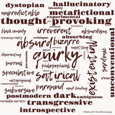 Word cloud of the book In Milton Lumky Territory with 48 words like quirky, absurd and satirical.