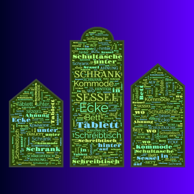 Word cloud in an European Buildings shape with 14 words like Sessel, Schrank and Ecke.