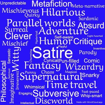Word cloud of the book Eric by Terry Pratchett with 47 words like Satire, Humor and Fantasy.