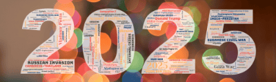 Word cloud in the shape of the number 2025 with 45 words like 2025, Armed Conflicts and Russian Invasion.