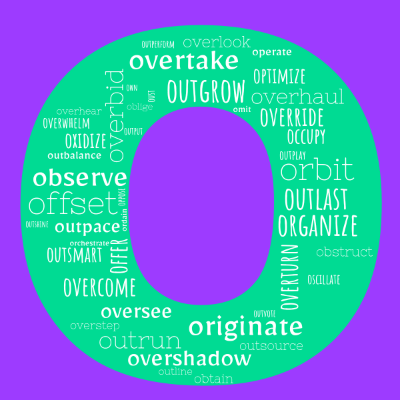 Word cloud in the shape of the letter O with 45 words like offer, observe and obtain.