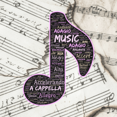Word cloud in a Note shape with 158 words like A cappella, Accelerando and Accent.