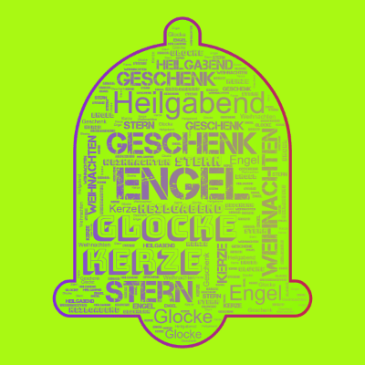Word cloud in an Alarm shape with 7 words like Engel, Geschenk and Glocke.
