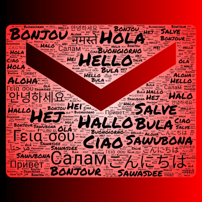 Word cloud in a Mail shape with 23 words like Hello, Hola and مرحبًا.