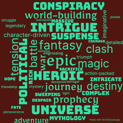Word cloud of the book The Gathering Storm with 46 words like epic, fantasy and heroic.
