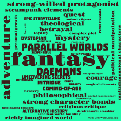 Word cloud of the book The Golden Compass by Philip Pullman with 47 words like fantasy, adventure and parallel worlds.